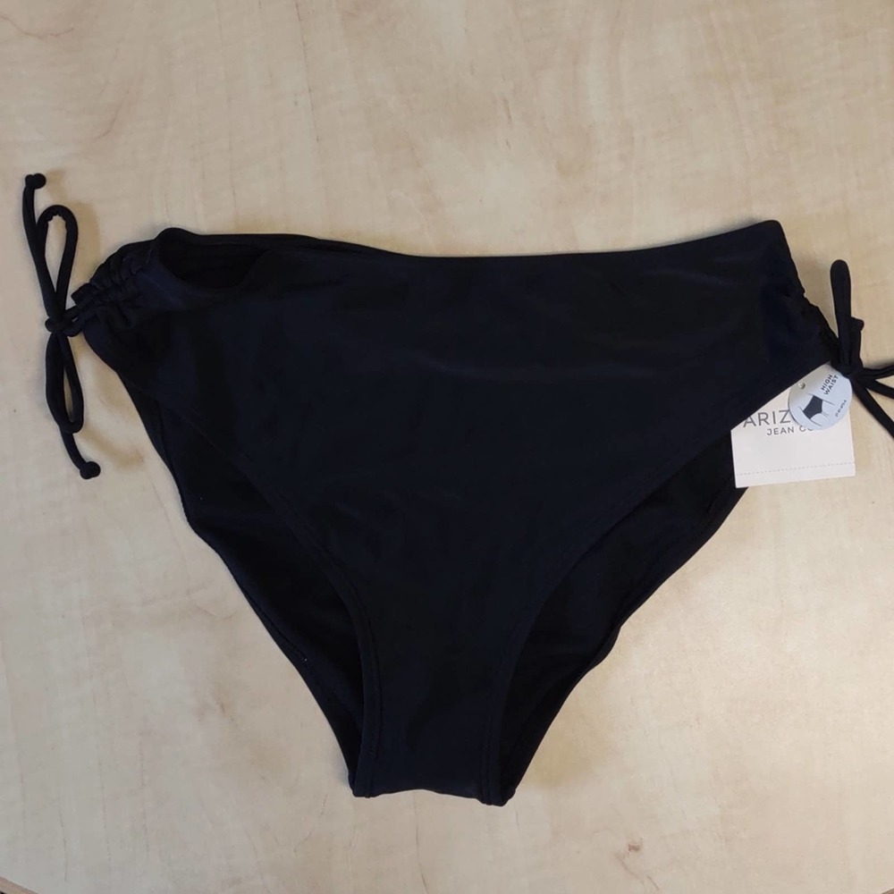 Arizona Jean Co High Waist Shirred Tie Side Bikini Swim Bottom Black Lg - Picture 2 of 10